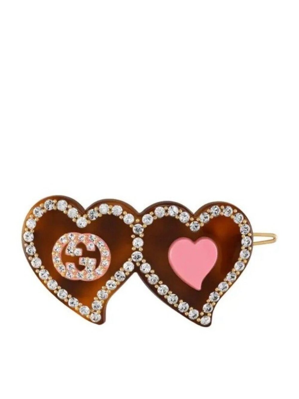 NEW GUCCI Interlocking G Hearts Hair Clip $500 Brown Crystal